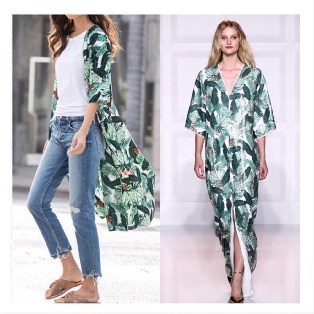 93. Rachel Zoe Tropical Green Leaf Print Kimono/Duster/Dress one size